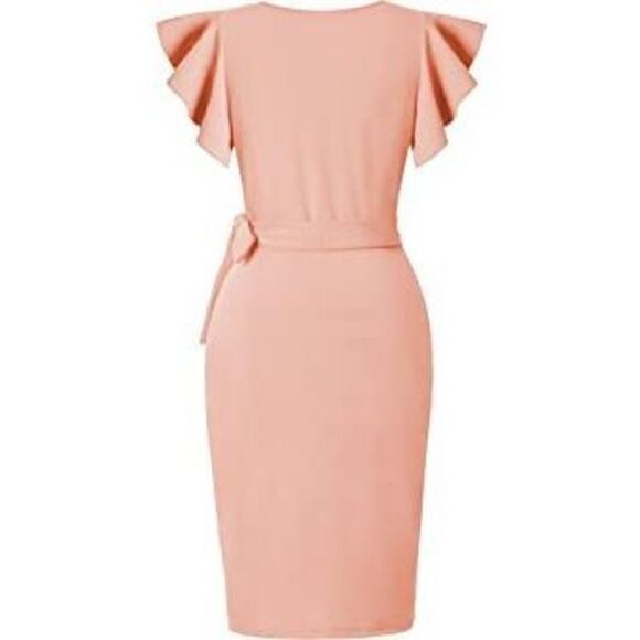 oten size small V Neck Ruffle Sleeve Sheath Casual Cocktail Party Work Faux Wrap - Picture 3 of 6